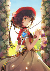 Rule 34 | 1girl, absurdres, brown hair, chain, dress, flower, flower wreath, hat, highres, key, looking back, nardack, open mouth, original, petals, rose, rose petals, short hair, solo, white rose, wreath, yellow eyes