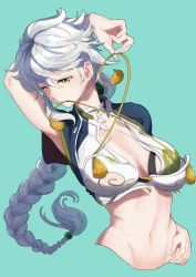 Rule 34 | 10s, 1girl, aqua background, armpits, asymmetrical hair, braid, breasts, cleavage, cloud print, kantai collection, large breasts, long hair, mouth hold, short sleeves, silver hair, simple background, single braid, solo, tachikoma (mousou teikoku), unryuu (kancolle), very long hair, vest, yellow eyes