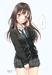 Rule 34 | 10s, 1girl, black hair, blush, cardigan, covering privates, covering crotch, dated, earrings, green eyes, highres, idolmaster, idolmaster cinderella girls, jewelry, long hair, matsuzaki miyuki, necklace, necktie, open mouth, parted lips, school uniform, shibuya rin, simple background, skirt, skirt tug, solo, twitter username