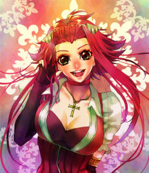 Rule 34 | 1girl, bad id, bad pixiv id, breasts, choker, cleavage, cross, elbow gloves, fingerless gloves, gloves, happy, izayoi aki, jewelry, large breasts, long hair, mename, necklace, open mouth, red eyes, red hair, solo, wataame (green tea), yu-gi-oh!, yu-gi-oh! 5d&#039;s