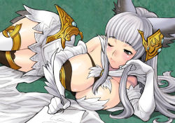 Rule 34 | 10s, 1girl, ;/, animal ears, asymmetrical legwear, bare shoulders, black eyes, blunt bangs, blush, breasts, cleavage, closed mouth, commentary, doodling, drawing, dress, elbow gloves, erune, gloves, granblue fantasy, hair ornament, korwa, large breasts, long hair, lying, mismatched legwear, no bra, on side, one eye closed, paper, quill, sidelocks, silver hair, solo, thighhighs, white dress, white gloves, writing, yukiyanagi