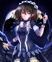 Rule 34 | 1girl, black dress, black hair, breasts, contrapposto, dress, duel monster, ear piercing, eclipse, frilled dress, frills, gothic lolita, grin, hairband, highres, holding, holding wand, lolita fashion, looking at viewer, medium breasts, piercing, red eyes, short hair, smile, solo, underworld goddess of the closed world, upper body, wand, yu-gi-oh!, yukti555