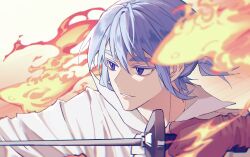 Rule 34 | 1boy, blue eyes, blue hair, chinese commentary, colored eyelashes, fire, hair between eyes, highres, holding, holding sword, holding weapon, khun aguero agnis, looking away, male focus, parted lips, rapier, short ponytail, smile, solo, sword, tower of god, weapon, zayaaa zaya