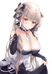 Rule 34 | 1girl, absurdres, azur lane, bare shoulders, between breasts, black dress, blush, breasts, bunching hair, classic (zildjian33), cleavage, closed mouth, detached collar, detached sleeves, dress, embarrassed, formidable (azur lane), frilled dress, frills, gothic lolita, highres, holding, holding own hair, huge breasts, light brown hair, lolita fashion, long hair, looking at viewer, low neckline, red eyes, ribbon, skirt hold, solo, twintails, two-tone ribbon, underbust, very long hair