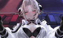 Rule 34 | 1girl, azur lane, black bra, blush, bra, breasts, cleavage, closed eyes, collarbone, collared shirt, dishwasher1910, dress shirt, forehead, kronshtadt (azur lane), kronshtadt (begin the rush!) (azur lane), large breasts, long hair, long sleeves, official alternate costume, open clothes, open shirt, parted bangs, screencap, shirt, solo, underwear, white shirt