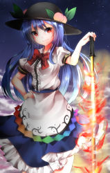 Rule 34 | 1girl, above clouds, absurdres, bad id, bad pixiv id, blue hair, bow, cloud, flaming sword, flaming weapon, food, fruit, glowing, glowing sword, glowing weapon, hand on own hip, hat, highres, hinanawi tenshi, long hair, looking at viewer, peach, puffy short sleeves, puffy sleeves, red eyes, shiromoru (yozakura rety), shirt, short sleeves, skirt, smile, solo, sword of hisou, touhou, very long hair, weapon