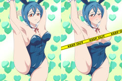 Rule 34 | 1girl, animal ears, areola slip, arm behind head, armpits, arms up, bare shoulders, blue eyes, blue leotard, blush, breasts, caution tape, censored, censored nipples, cleavage, convenient censoring, covered navel, embarrassed, fake animal ears, keep out, leotard, looking at viewer, love live!, love live! superstar!!, medium breasts, mr50iso, one leg raised, partially visible vulva, patterned background, playboy bunny, rabbit ears, red eyes, short hair, solo, standing, tape censor, wakana shiki, wardrobe malfunction