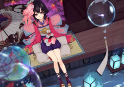 Rule 34 | 1girl, 54cr, black hair, blurry, depth of field, dutch angle, feet, from above, hair ornament, highres, looking at viewer, oil-paper umbrella, onmyoji, original, parted lips, purple shorts, red eyes, sash, short hair, shorts, sitting, solo, toes