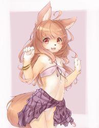 Rule 34 | 1girl, :3, ahoge, animal ears, bikini, brown hair, commentary request, covered erect nipples, cowboy shot, dog ears, dog girl, dog tail, fang, flat chest, furry, furry female, fuu (frol), highres, kohaku (fuu), long hair, looking at viewer, o-ring, o-ring top, open mouth, original, red eyes, sarong, smile, solo, swimsuit, tail