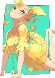 Rule 34 | 1girl, absurdres, blonde hair, dress, fins, fish girl, fish tail, green background, hair ornament, highres, japanese clothes, kemono friends, kimono, kinshachi (kemono friends), long hair, looking at viewer, osnmykk, ribbon, simple background, socks, solo, tail, yellow dress, yellow eyes, yellow kimono, yellow socks