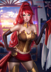 Rule 34 | 1girl, ayya sap, bare shoulders, breasts, bustier, cleavage, elbow gloves, gloves, green eyes, hand on own hip, jewelry, long hair, medium breasts, midriff, miniskirt, pyrrha nikos, red hair, rwby, skirt, smile, tagme, thighhighs, zettai ryouiki