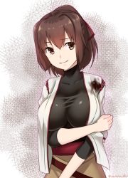 Rule 34 | 10s, 1girl, bad id, bad pixiv id, blood, breast hold, breasts, brown eyes, brown hair, eko, hair ribbon, injury, ise (kancolle), jacket, jacket on shoulders, japanese clothes, kantai collection, large breasts, looking at viewer, ponytail, ribbon, short hair, short ponytail, skin tight, smile, solo, twitter username, undershirt