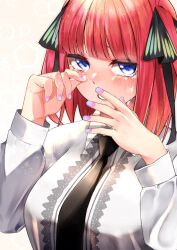 Rule 34 | 1girl, aqua nails, black necktie, black ribbon, blue eyes, blunt bangs, blush, butterfly hair ornament, collared shirt, commentary, crying, crying with eyes open, go-toubun no hanayome, hair ornament, hair ribbon, hands up, highres, imananashi, light particles, lips, long sleeves, looking at viewer, medium hair, multicolored nails, nail polish, nakano nino, necktie, pink background, pink nails, red hair, ribbon, rubbing eyes, sad, shirt, simple background, solo, tears, tsurime, two side up, upper body, white shirt