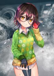 Rule 34 | 1girl, adjusting eyewear, blush, brown hair, commentary, cowboy shot, dress shirt, fushimi sameta, glasses, green sweater, grey background, grin, hair between eyes, hand on eyewear, highres, hololive, long sleeves, looking at viewer, mechanical arms, no pants, open mouth, roboco-san, roboco-san (spring sweater), round eyewear, shirt, short hair, single mechanical arm, smile, solo, standing, sweater, teardrop-framed glasses, thighs, virtual youtuber, yellow eyes