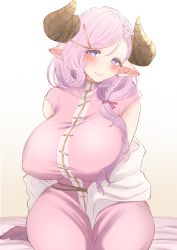 Rule 34 | 1girl, akano yomi, blush, braid, breasts, bright pupils, covered erect nipples, draph, dress, gloves, gradient background, granblue fantasy, hair ornament, hairclip, highres, horns, huge breasts, laruna (granblue fantasy), lips, long hair, looking at viewer, mature female, on bed, pink dress, pink hair, pointy ears, purple eyes, short sleeves, side braid, single braid, sitting, smile, solo, tagme, twitter username, white background, white pupils, yellow background