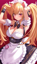 Rule 34 | 1girl, animal ears, apron, arm garter, armpits, black bow, black bowtie, blonde hair, blush, bow, bowtie, breasts, cat ears, cleavage, commentary request, fake animal ears, gradient background, hair between eyes, hands in hair, highres, kakutasu, large breasts, long hair, looking at viewer, maid, maid apron, maid headdress, nijisanji, pink eyes, red background, solo, takamiya rion, takamiya rion (3rd costume), twintails, virtual youtuber