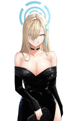 Rule 34 | 1girl, absurdres, asuna (blue archive), bare shoulders, black choker, black dress, blonde hair, blue archive, blue eyes, blue halo, blue ribbon, breasts, choker, cleavage, collarbone, dori (choejeongmin7), dress, eyes visible through hair, grin, hair over one eye, hair ribbon, halo, highres, large breasts, long hair, looking at viewer, mole, mole on breast, ribbon, simple background, smile, solo, straight hair, strapless, strapless dress, white background, women&#039;s wallet