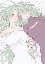 Rule 34 | 2girls, bare shoulders, bed sheet, blush, breasts, byleth (female) (fire emblem), byleth (fire emblem), cleavage cutout, closed mouth, clothing cutout, commentary request, dress, enlightened byleth (female), fire emblem, fire emblem: three houses, green eyes, green hair, highres, holding hands, ikarin, large breasts, long hair, lying, multiple girls, nintendo, on back, parted lips, pointy ears, rhea (fire emblem), short sleeves, very long hair, white dress, yuri