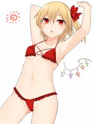Rule 34 | 1girl, arm up, armpits, bikini, bikini top lift, blonde hair, blush, breasts, cameltoe, clothes lift, dutch angle, female focus, flandre scarlet, frilled bikini, frills, gluteal fold, groin, hair ornament, hair ribbon, highres, looking at viewer, miyo (ranthath), open mouth, red bikini, red eyes, ribbon, shiny skin, short hair, simple background, sky, solo, standing, swimsuit, touhou, white background, wings