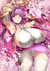 Rule 34 | 10s, 1girl, belt collar, bow, breasts, claws, collar, fate/extra, fate/extra ccc, fate (series), gigantic breasts, hair bow, hair ribbon, jpeg artifacts, long hair, pantsu (lootttyyyy), passionlip (fate), passionlip (third ascension) (fate), pink eyes, purple eyes, purple hair, ribbon, solo, thighhighs, very long hair, white thighhighs