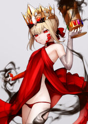 Rule 34 | 1girl, armored legwear, blonde hair, braid, breasts, crown, dragon claw, dragon tail, facial mark, fate/grand order, fate/grand order arcade, fate (series), french braid, hair ornament, hair ribbon, highres, holding, horns, impossible clothes, long horns, looking at viewer, nero claudius (fate), nero claudius (fate) (all), panties, queen draco (fate), queen draco (first ascension) (fate), red eyes, red panties, revealing clothes, ribbon, simple background, small breasts, solo, sumi (gfgf 045), tail, underwear