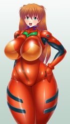 Rule 34 | 1girl, alternate breast size, blue eyes, blush, bodysuit, breasts, curvy, hand on own hip, highres, huge breasts, interface headset, long hair, looking at viewer, neon genesis evangelion, open mouth, orange hair, pixiv1478062, plugsuit, red bodysuit, skin tight, smile, solo, souryuu asuka langley, thick thighs, thighs, white background, wide hips