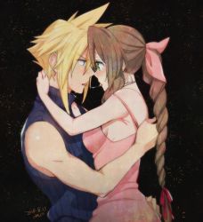 Rule 34 | 1boy, 1girl, aerith gainsborough, after kiss, arms around neck, bare arms, black background, blonde hair, blue eyes, blue shirt, blush, braid, braided ponytail, breasts, brown hair, choker, cloud strife, couple, dress, final fantasy, final fantasy vii, green eyes, hair ribbon, hand on another&#039;s back, hand on another&#039;s hip, kiss, krudears, medium breasts, pink dress, ribbon, saliva, saliva trail, shirt, sideboob, sidelocks, sleeveless, sleeveless turtleneck, spiked hair, strap slip, tongue, tongue out, turtleneck, upper body