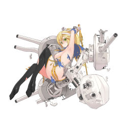 Rule 34 | 1girl, ass, blonde hair, blush, boots, breasts, embarrassed, green eyes, highres, large breasts, nipples, ponytail, rudder footwear, simple background, solo, stmast, sword, thigh boots, thighhighs, topless, torn clothes, turret, vanguard (warship girls r), warship girls r, wavy mouth, weapon, white background