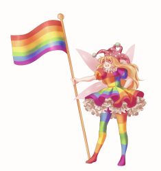 Rule 34 | &gt;:d, 1girl, :d, adapted costume, alternate costume, asymmetrical legwear, blonde hair, blush, clownpiece, commentary, dress, english commentary, female focus, flag, full body, hand on own hip, hat, highres, jester cap, lgbt pride, long hair, multicolored clothes, multicolored dress, multicolored legwear, multicolored pantyhose, open mouth, orz (kagewaka), pantyhose, petticoat, puffy short sleeves, puffy sleeves, rainbow, rainbow flag, red hat, short sleeves, simple background, smile, solo, standing, striped clothes, striped pantyhose, touhou, uneven legwear, v-shaped eyebrows, very long hair, wavy hair, white background, wings