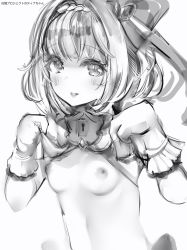 Rule 34 | 1girl, bad id, bad pixiv id, bow, braid, breasts, bright pupils, copyright request, gloves, greyscale, hair bow, hands up, highres, lock, looking at viewer, medium breasts, monochrome, nanashi (nlo), nipples, parted lips, simple background, solo, tina topia, upper body, white background