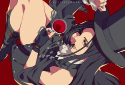 Rule 34 | 1other, ascot, black hair, boots, cup, eyeshadow, fingerless gloves, gloves, guilty gear, guilty gear strive, hat, long hair, makeup, other focus, red eyes, talgi, testament (guilty gear), top hat