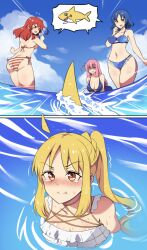 Rule 34 | &gt; &lt;, 2koma, 4girls, :t, absurdres, ahoge, angry, ass, back, bikini, blonde hair, blue bikini, blue eyes, blue hair, blue sky, blush, bocchi the rock!, breasts, cleavage, closed mouth, cloud, collarbone, comic, commentary, day, detached ahoge, english commentary, flying sweatdrops, full-face blush, gotoh hitori, hair between eyes, halterneck, highres, hinghoi, ijichi nijika, kita ikuyo, large breasts, long hair, looking at another, medium breasts, mole, mole under eye, multiple girls, navel, ocean, one side up, open mouth, outdoors, parted bangs, pink hair, ponytail, pout, red hair, ripples, scared, shaded face, shark, shiny skin, short hair, side ponytail, sidelocks, silent comic, sky, sleeveless, speech bubble, stomach, striped bikini, striped clothes, swimming, swimsuit, tearing up, tears, thighs, trembling, v-shaped eyebrows, wet, white bikini, yamada ryo, yellow eyes
