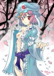 Rule 34 | 1girl, blush, breasts, cherry blossoms, female focus, gradient background, hat, japanese clothes, kimono, nature, nipples, open clothes, open kimono, outdoors, pink eyes, pink hair, plant, saigyouji yuyuko, short hair, small breasts, solo, touhou, uirou (uirou1)