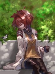 Rule 34 | 1girl, absurdres, agnes tachyon (umamusume), ahoge, animal ears, bird, black necktie, black pantyhose, black shirt, brown hair, closed mouth, collared shirt, cup, feet out of frame, highres, holding, holding cup, horse ears, lab coat, long sleeves, looking to the side, necktie, pantyhose, shirt, short hair, short necktie, sitting, smile, solo, steam, sweater, umamusume, watou, yellow sweater
