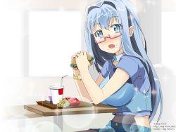 Rule 34 | 10s, 1girl, :d, alternate costume, aurora star coral, bermuda triangle, blue eyes, blue hair, blush, breasts, burger, camisole, cardfight!! vanguard, collar, cowboy shot, crop top, cup, denim, denim shorts, drinking straw, eating, food, food on face, french fries, from side, glasses, hair intakes, holding, indoors, kimura shigetaka, large breasts, lens flare, long hair, looking at viewer, looking back, matching hair/eyes, mcdonald&#039;s, midriff, navel, official art, open mouth, pink-framed eyewear, semi-rimless eyewear, shirt, short shorts, short sleeves, shorts, sitting, smile, solo, sparkle, table, tray, under-rim eyewear, watch, watermark, web address, window, wristwatch
