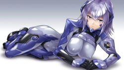 Rule 34 | 1girl, armored bodysuit, blue bodysuit, blue eyes, bodysuit, character request, covered erect nipples, covered navel, fortified suit, grey background, highres, impossible bodysuit, impossible clothes, kurione (zassou), looking at viewer, lying, muv-luv, muv-luv alternative, muv-luv total eclipse, purple hair, shiny clothes, short hair, solo