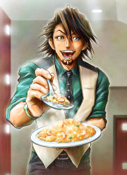 Rule 34 | 10s, 1boy, brown eyes, brown hair, facial hair, feeding, food, fried rice, highres, incoming food, kaburagi t. kotetsu, looking at viewer, male focus, md5 mismatch, necktie, open mouth, pov feeding, short hair, shrimp, solo, spoon, stubble, tiger &amp; bunny, tobihiro-s, vest, waistcoat