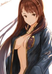Rule 34 | 10s, 1girl, absurdres, beatrix (granblue fantasy), blush, breasts, brown eyes, brown hair, cleavage, granblue fantasy, hands in pockets, highres, large breasts, long hair, looking at viewer, navel, no bra, open clothes, open mouth, open shirt, shirt, solo, yatsuka (846)