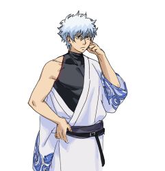 Rule 34 | 1boy, black eyes, black shirt, blue hair, clenched hand, closed mouth, collarbone, covered collarbone, cowboy shot, gintama, godzillapigeon1, grey background, hand on own hip, hand up, highres, male focus, off shoulder, sakata gintoki, sash, shirt, short hair, sidelocks, simple background, single bare shoulder, sketch, skin tight, sleeveless, sleeveless shirt, solo, standing, white background