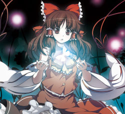 Rule 34 | 1girl, album cover, bad id, bad pixiv id, bow, brown eyes, brown hair, bug, butterfly, cover, detached sleeves, female focus, frills, gathers, hakurei reimu, insect, japanese clothes, kabayaki unagi, light particles, long hair, miko, panties, ribbon, solo, touhou, underwear, zytokine