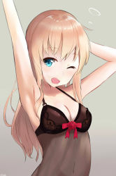 Rule 34 | 10s, 1girl, alternate costume, arm up, armpits, blonde hair, blue eyes, blush, breasts, camisole, color1087, eyebrows, flower, grey background, highres, kantai collection, long hair, medium breasts, one eye closed, open mouth, rose, see-through, simple background, sleepwear, solo, stretching, upper body, warspite (kancolle), yawning
