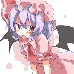 Rule 34 | 1girl, bad id, bad twitter id, bat wings, blouse, blush, d:, d:&lt;, hat, highres, looking at viewer, mob cap, open mouth, purple hair, rbtt, red eyes, remilia scarlet, shirt, short hair, skirt, skirt set, solo, touhou, v-shaped eyebrows, wings