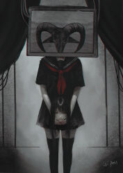 1girl aoi_ogata black_hair black_sailor_collar black_serafuku black_shirt black_skirt black_thighhighs blood clip_studio_paint_(medium) closed_eyes closed_mouth commentary curtains disembodied_head english_commentary facing_viewer feet_out_of_frame holding_detached_head long_hair neckerchief original pleated_skirt red_neckerchief sailor_collar school_uniform serafuku shirt signature skirt solo standing thighhighs