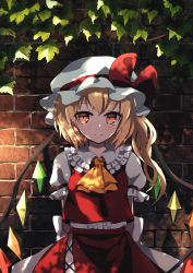Rule 34 | 1girl, arms behind back, ascot, blonde hair, brick wall, closed mouth, commentary request, crystal, dise (psychoro), flandre scarlet, frilled shirt collar, frills, hat, hat ribbon, highres, leaf, looking at viewer, mob cap, one side up, puffy short sleeves, puffy sleeves, red eyes, red ribbon, red skirt, red vest, ribbon, shirt, short sleeves, side ponytail, skirt, skirt set, smile, solo, touhou, vest, white hat, white shirt, wings, yellow ascot