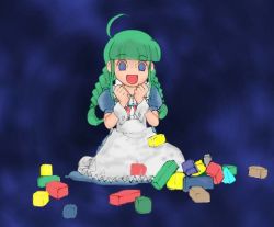 Rule 34 | 1girl, apron, block (object), blue eyes, full body, green hair, me-tan, open mouth, os-tan, shaded face, sitting, solo, twintails