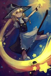 Rule 34 | 1girl, absurdres, apron, black footwear, black hat, black skirt, black vest, black wristband, blonde hair, blue background, bow, braid, broom, buttons, clenched teeth, frills, full body, gradient background, green bow, hair bow, hat, hat bow, highres, kirisame marisa, kornod, long hair, looking at viewer, outstretched arms, puffy short sleeves, puffy sleeves, red background, shirt, short sleeves, single braid, skirt, smile, socks, solo, spread arms, star (symbol), starry background, teeth, touhou, turtleneck, two-tone background, vest, waist apron, white apron, white bow, white shirt, white socks, witch hat, wristband, yellow eyes