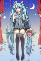 Rule 34 | 1girl, aqua hair, bad id, bad pixiv id, blue eyes, boots, bouquet, curtains, detached sleeves, flower, hatsune miku, long hair, navy (navy.blue), necktie, sitting, skirt, solo, thigh boots, thighhighs, thighs, twintails, very long hair, vocaloid