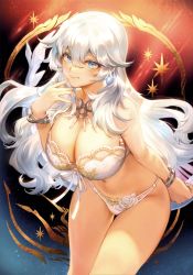 Rule 34 | 1girl, absurdres, artemis (fate), bare shoulders, blue eyes, bow, bow bra, bra, bracelet, breasts, cleavage, closed mouth, fate/grand order, fate (series), hand up, highres, jewelry, leaning forward, lips, long hair, looking at viewer, mashuu (neko no oyashiro), medium breasts, necklace, panties, scan, simple background, solo, thighs, underwear, underwear only, white hair