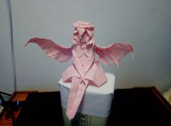 Rule 34 | 1girl, bat wings, dhujsi, dress, faceless, hat, highres, mob cap, origami, own hands together, papercraft (medium), photo (medium), pink dress, remilia scarlet, short hair, sitting, solo, touhou, unconventional media, wings