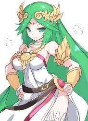 Rule 34 | 1girl, ancient greek clothes, angry, bare shoulders, blush, breasts, chiton, dress, green eyes, green hair, jewelry, karukan (monjya), kid icarus, large breasts, long hair, looking at viewer, nintendo, palutena, parted bangs, simple background, solo, thighhighs, tiara, very long hair